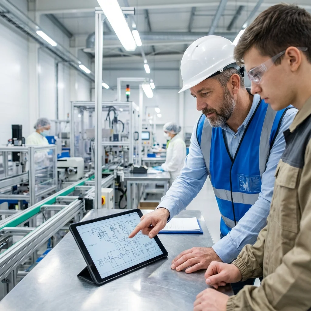 Chef d'�quipe en usine expliquant un sch�ma