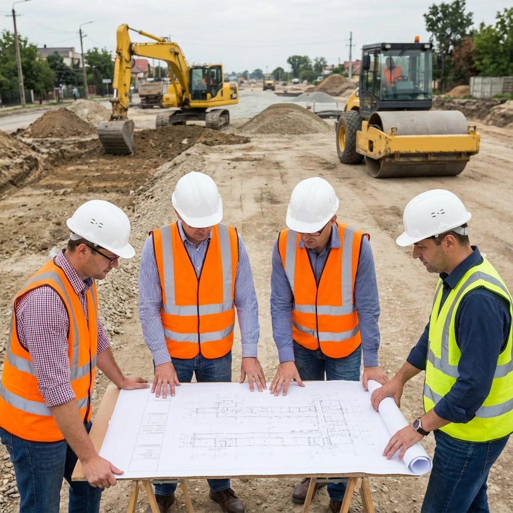 �quipe TP �tudiant un plan sur chantier routier